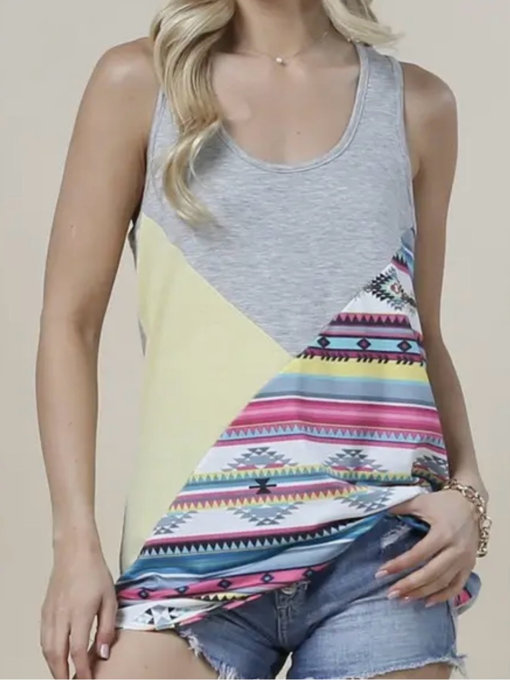Avery Colorblock Aztec Tank Top - Gray, Yellow & Multi